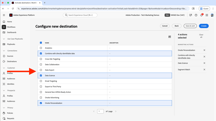 Configuration de la destination