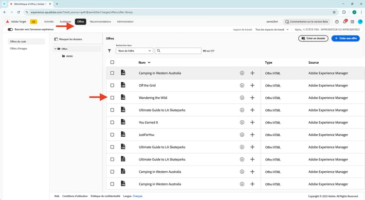 Offres dans Adobe Target