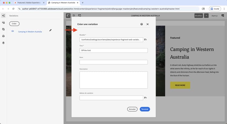 Boîte de dialogue Créer une variation