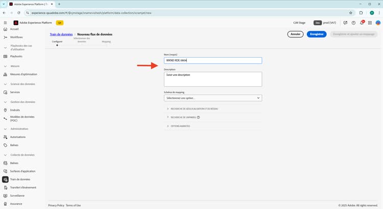 Saisie du nom du flux de données