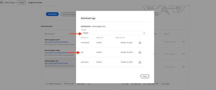 Téléchargements des journaux de réseau CDN Cloud Manager