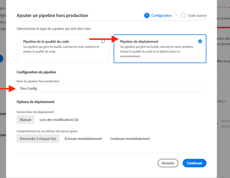 Boîte de dialogue Configuration du pipeline Cloud Manager