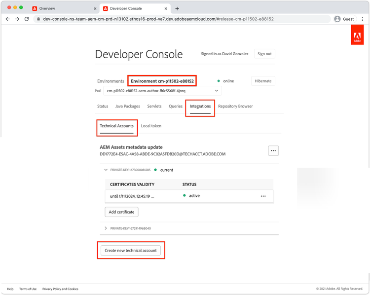 AEM Developer Console - Intégrations - Obtention des informations d’identification de service.