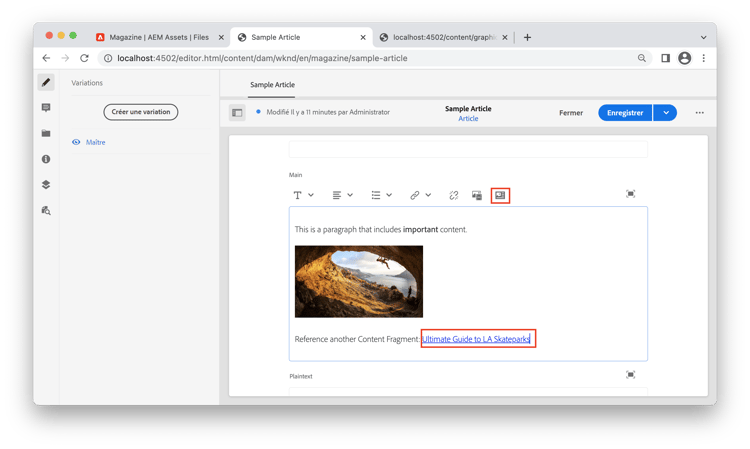 Insertion d’une référence de fragment de contenu.