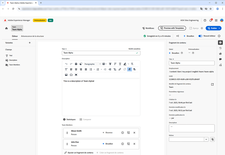 Fragment de contenu Équipe Alpha