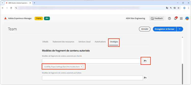 Modèles de fragment de contenu autorisés
