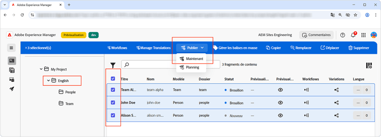 Sélectionner les fragments de contenu à publier