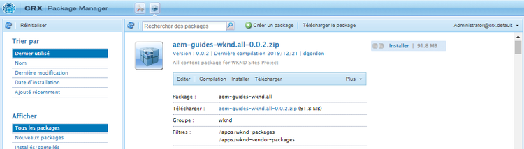 Installation du gestionnaire de packages wknd.all.
