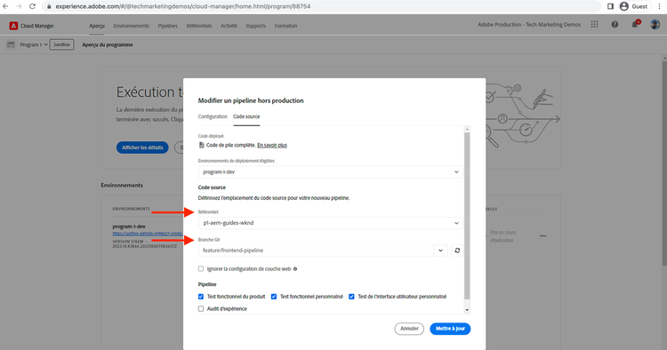 Pipeline de configuration du code source.