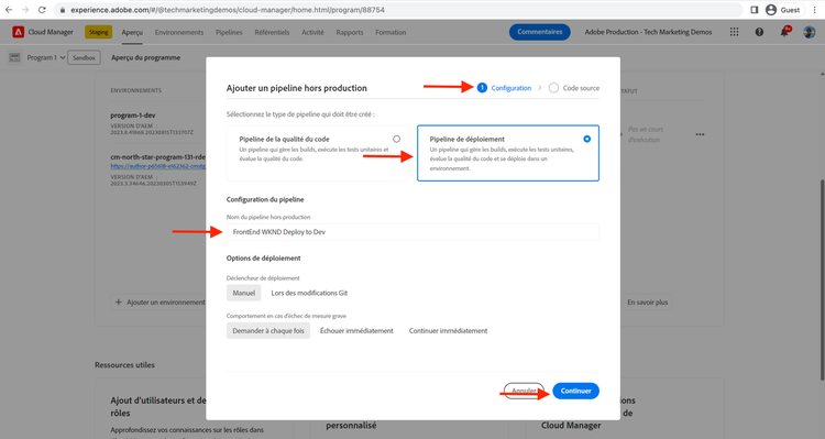 Création des configurations de pipeline front-end.