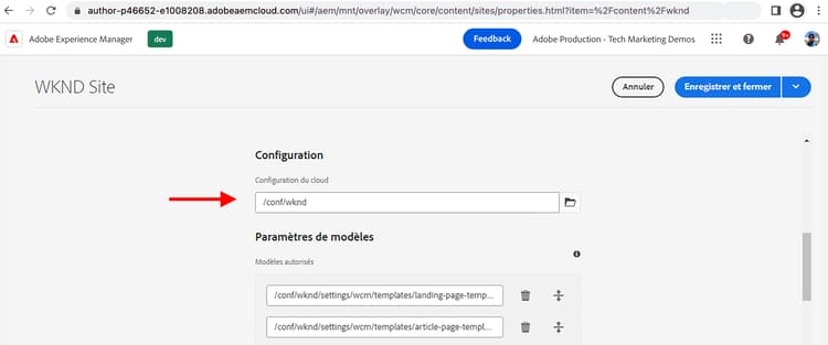 Application d’une configuration de services cloud au site.