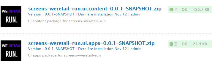 Packages Screens We.Retail Run Ui.Apps and Ui.Content installés via le gestionnaire de modules CRX
