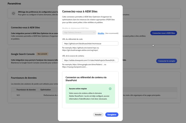 Boîte de dialogue Connexion à AEM Sites affichant Aucune action requise pour le domaine Adobe SharePoint