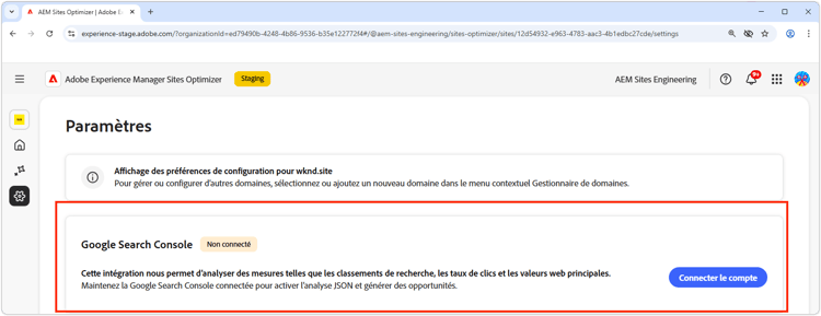 Paramètres de Sites Optimizer pour Google Search Console