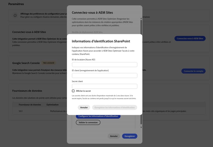 Boîte de dialogue Connecter à AEM Sites affichant les champs d’informations d’identification SharePoint