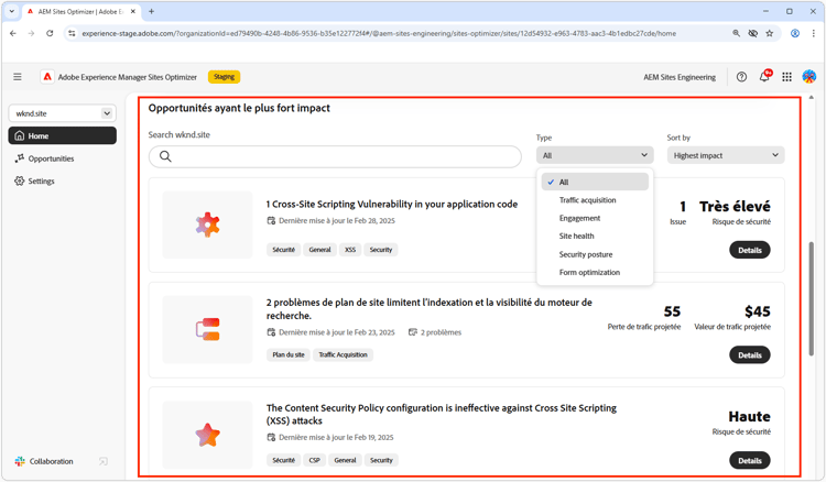 Opportunités à fort impact de Sites Optimizer