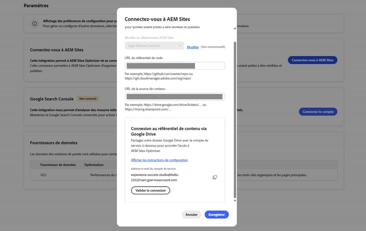 Boîte de dialogue Connecter à AEM Sites affichant le compte de service Google Drive pour le partage de l’accès