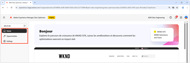 Navigation dans Sites Optimizer