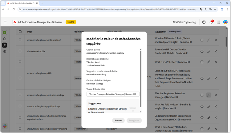 Modifier les métadonnées non valides ou manquantes suggérées