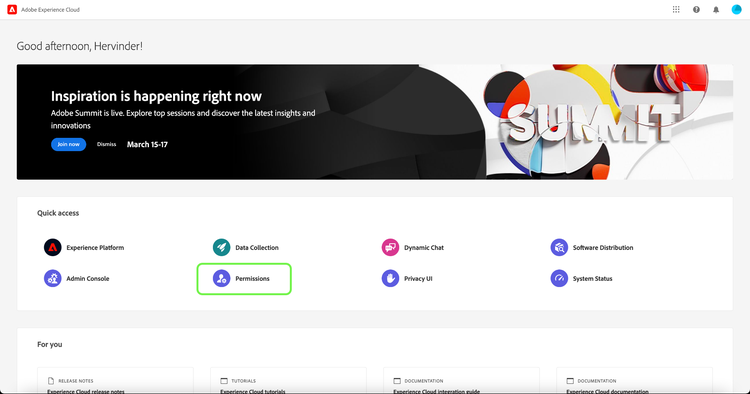 Image illustrant le produit Autorisations sélectionné dans Adobe Experience Cloud