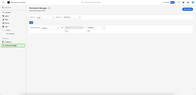 Écran de recherche du Gestionnaire d’autorisations affichant les filtres disponibles.