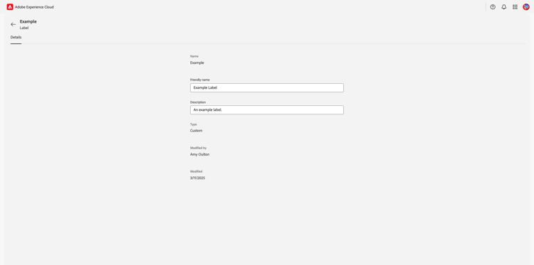 Page de détails d’une étiquette individuelle.