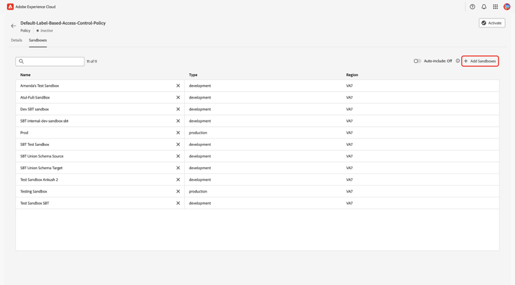Espace de travail de la politique avec l’option Ajouter des sandbox mise en surbrillance.