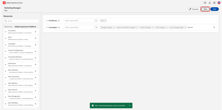 L’espace de travail Ressources avec l’alerte de succès et l’option Fermer mise en surbrillance.
