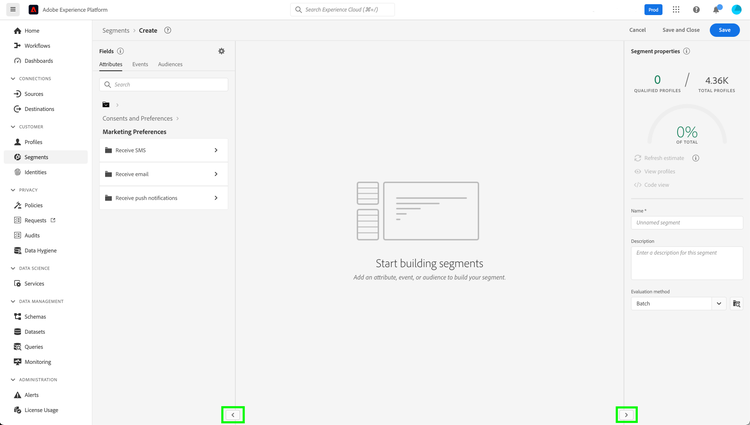 Zone de travail du créateur de segments avec les widgets de divulgation du rail gauche et droit en surbrillance.