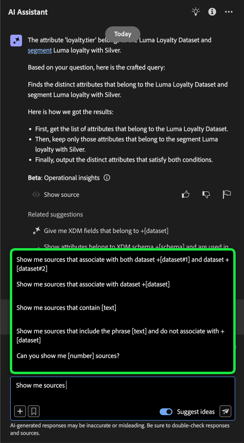 Panneau pop-up contenant les questions suggérées par l’assistant d’IA.