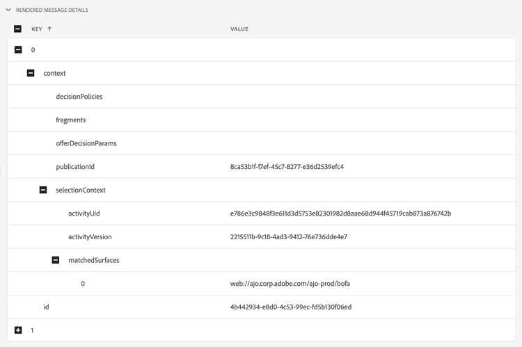 Section contenant les détails des messages envoyés, tels que les ID de message et le contexte de sélection, les fragments, les stratégies de décision et les paramètres de prise de décision