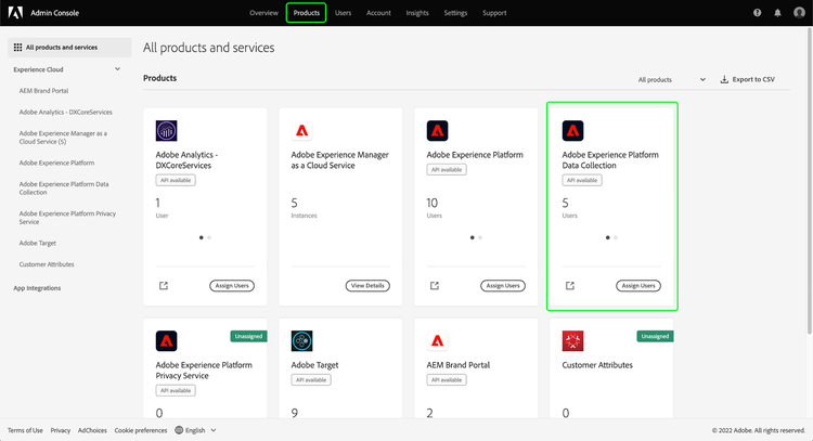 Image montrant la carte de produit de la collecte de données en Admin Console