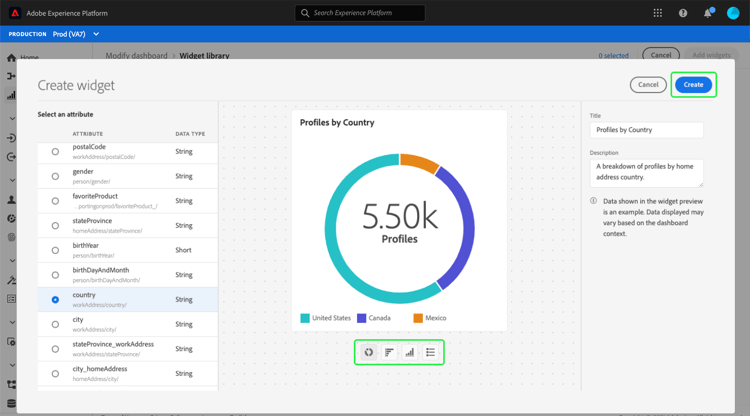 La boîte de dialogue Créer un widget avec les options de visualisation et Créer mis en surbrillance.