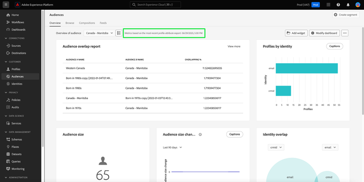 Onglet Aperçu des audiences avec un horodatage de widget mis en surbrillance.