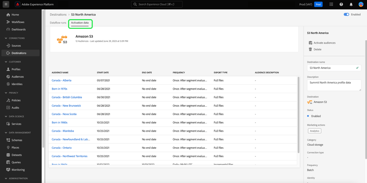 La page de détails du tableau de bord des destinations avec l’onglet Données d’activation en surbrillance.