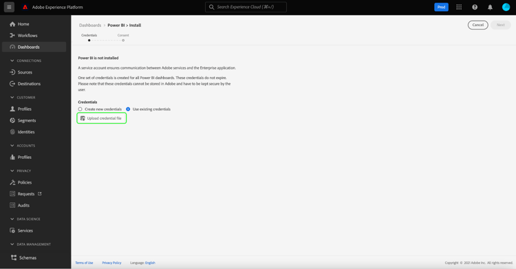 Écran des informations d’identification de Power BI avec le bouton Charger le fichier d’informations d’identification en surbrillance