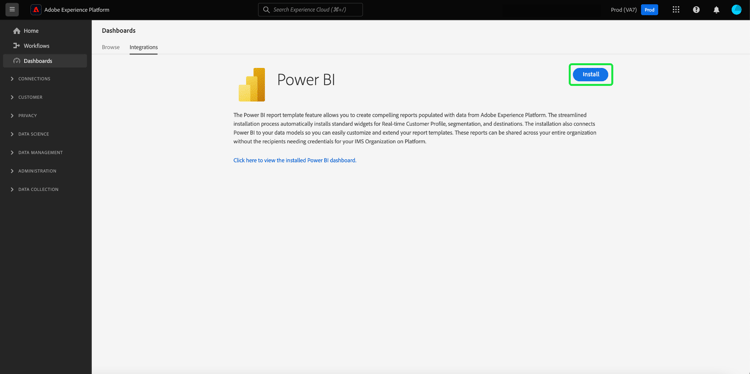 Écran de détails de Power BI avec le bouton Installer en surbrillance.
