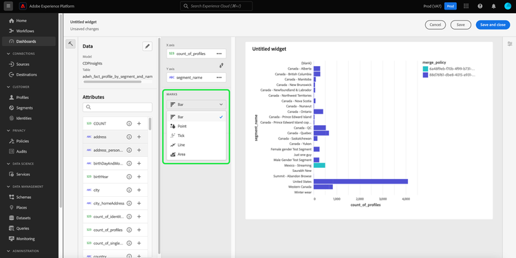 Le compositeur de widget avec la liste déroulante Marques mise en surbrillance.