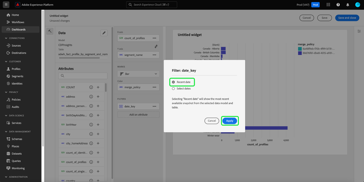 La variable Filtre : date_key Boîte de dialogue avec Date récente et Appliquer surlignée.