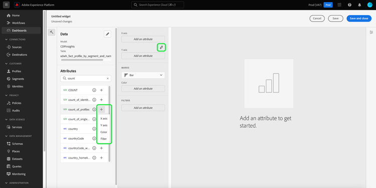 Le compositeur de widgets avec la liste déroulante d’icônes supplémentaires mise en surbrillance.