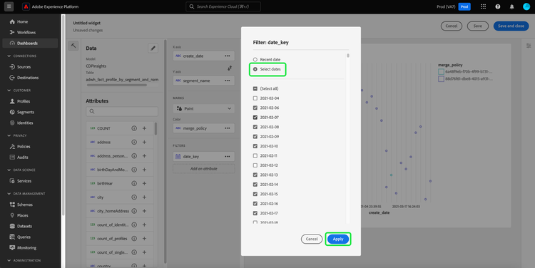 La variable Filtre : date_key avec des cases à cocher de jour individuelles cochées et non cochées.