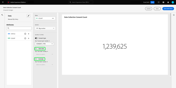 Le compositeur de widget avec les bascules Start_date et End_date mis en surbrillance.