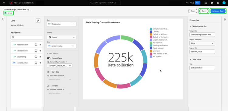 Le compositeur de widget avec Enregistrer, Widget enregistré et Enregistrer et fermer en surbrillance.