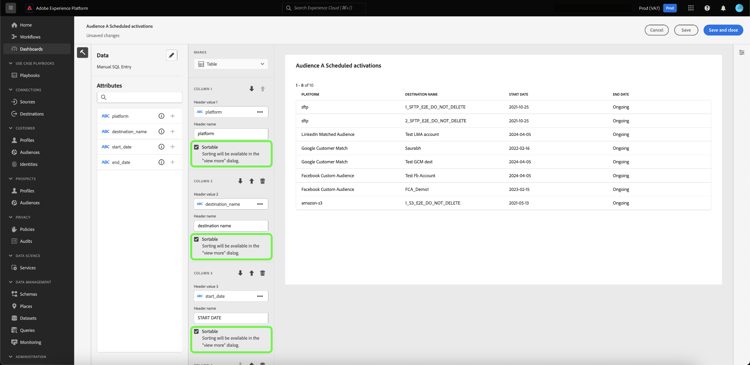 Page de modification de tableau avec cases à cocher triables en surbrillance.