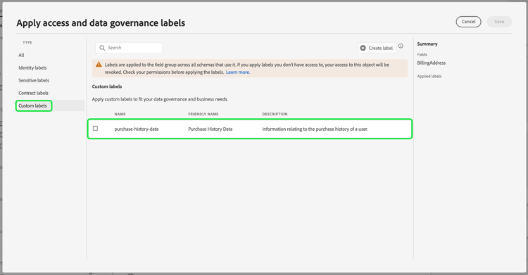 La boîte de dialogue Appliquer l’accès et Libellés de gouvernance des données affiche en surbrillance les libellés personnalisés.