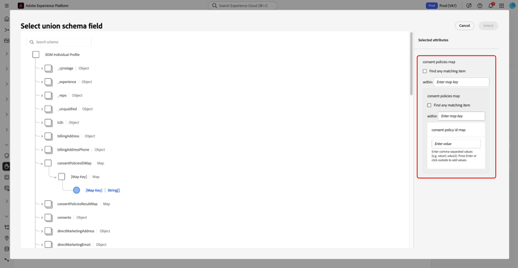 Section Mappage des politiques de consentement mise en surbrillance dans le panneau Attributs.