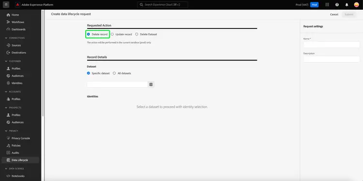 Le workflow de création de la requête avec la fonction Supprimer un enregistrement sélectionnée et surlignée.