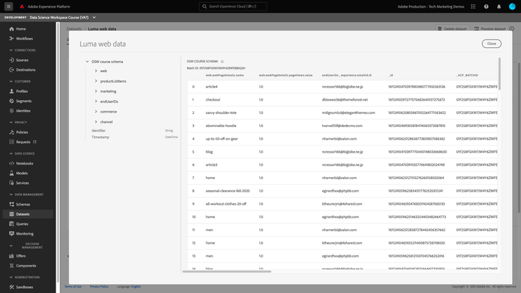 prévisualisation des données web Luma