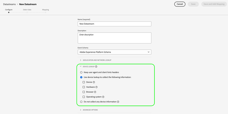 Écran de configuration des flux de données avec les paramètres de recherche d’appareil surlignés.