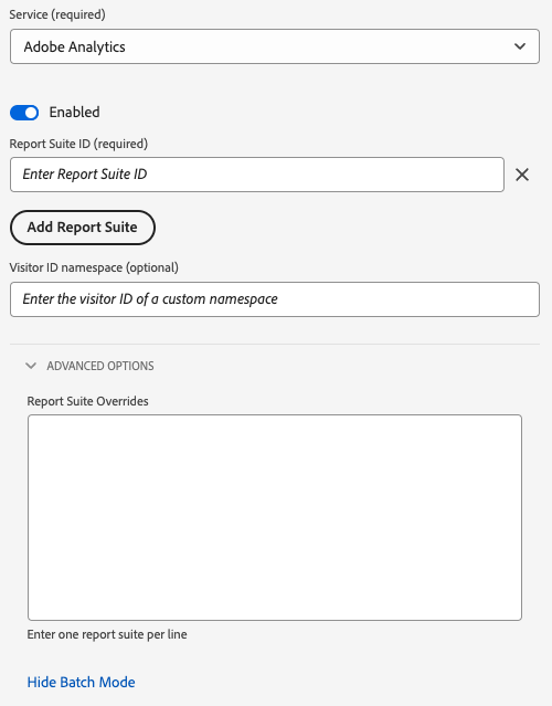 Paramètres de la banque de données Adobe Analytics.